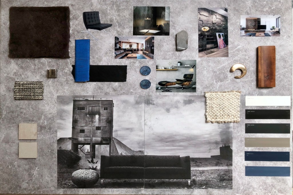 Maskuliinen tyyli, sisustussuunnittelu, mood board in suunnittelu ja rakentaminen
