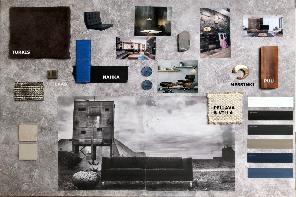 Maskuliinen tyyli, sisustussuunnittelu, mood board, väripaletti, materiaalit