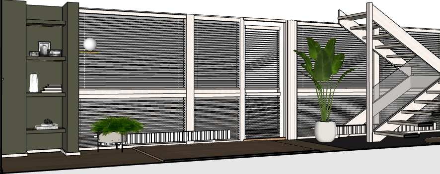 Bungalow-talo, sisustussuunnittelu, sisustussuunnittelija Minna Jacobson, puiset sälekaihtimet, hyllykkö