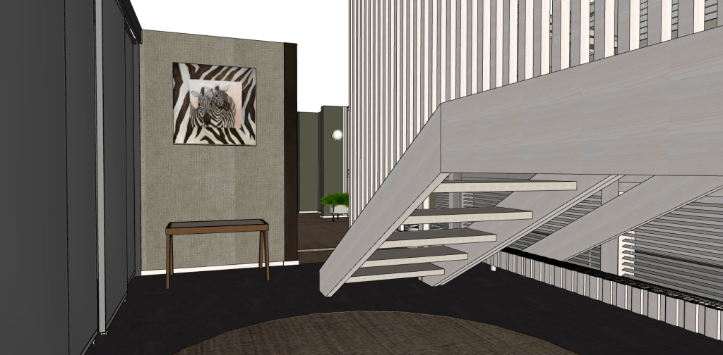 Eteinen, 3D-mallinnos, Bungalow-talo, sisustussuunnittelu, sisustussuunnittelija Minna Jacobson