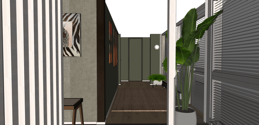 Näkymä portaikoista käytävän päähän, Bungalow-talo, sisustussuunnittelu, sisustussuunnittelija Minna Jacobson