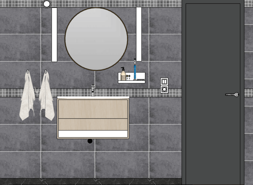 Pyöreä peili, Svedbergs Epos, 3D-mallinnos, Bungalow-talo, sisustussuunnittelu, sisustussuunnittelija Minna Jacobson
